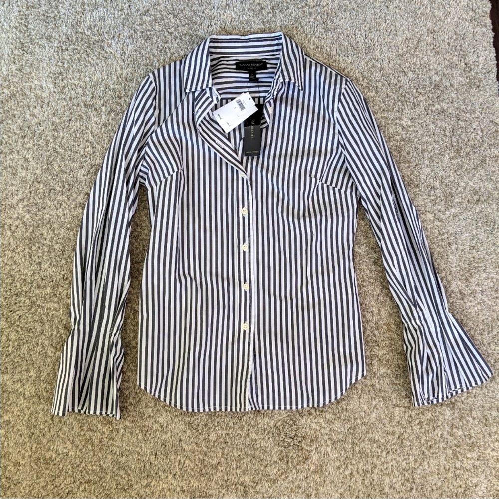 NWT Banana Republic Blue Stripe Button Down Shirt with Romantic Bell Cuff